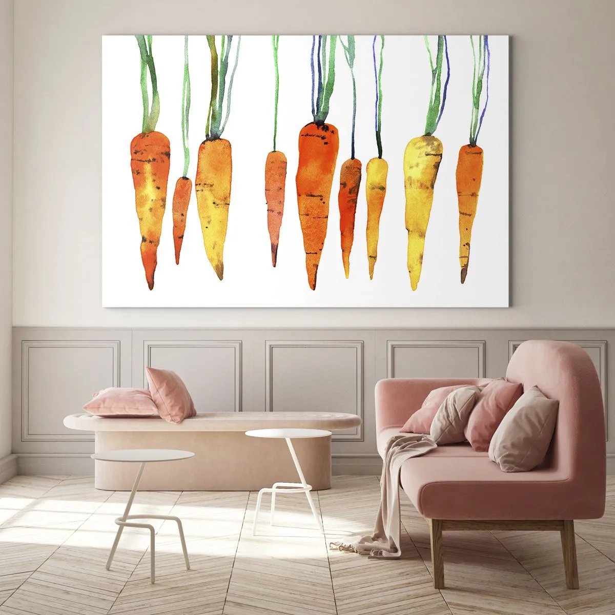 Obraz na skle - Akvarelová mrkva v rôznych odtieňoch oranžovej so zelenými stonkami - 70x50cm - Krása zvyčajnosti - Moderná nástenná dekorácia do obývacej izby a spálne ARTTOR