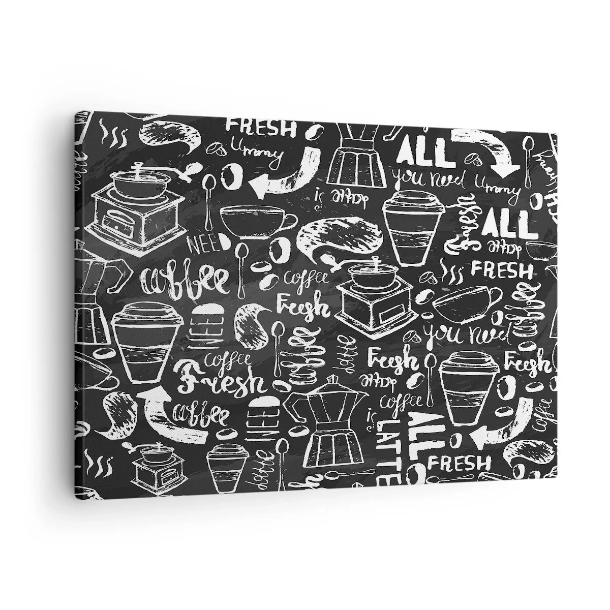 Obraz na plátne - Štýlová grafika kávy na čiernom pozadí - 70x50cm - All you need is… - Moderná nástenná dekorácia do obývacej izby a spálne ARTTOR