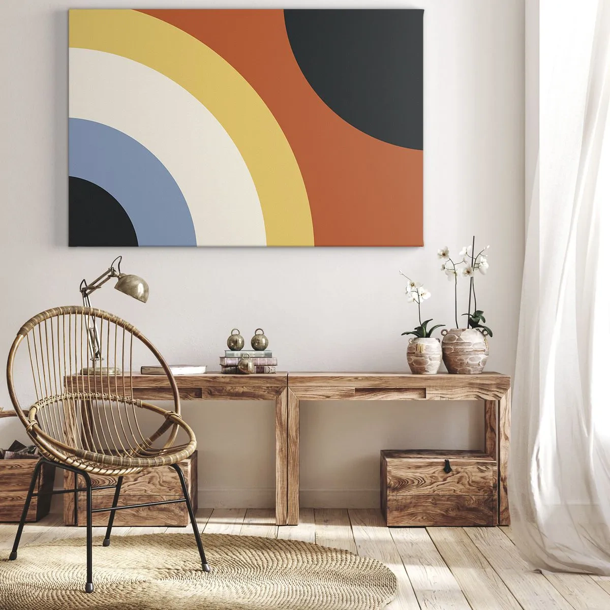 Obraz na plátne - Abstraktné umelecké dielo s farebnými oblúkmi a kontrastnými kruhmi - 70x50cm - K sebe samému - Moderná nástenná dekorácia do obývacej izby a spálne ARTTOR