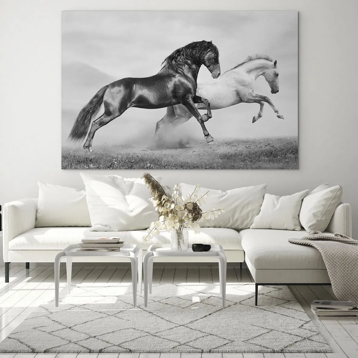 Obraz na skle - Čiernobiele kone v dynamickom prostredí - 70x50cm - Anjeli a démoni - Moderná nástenná dekorácia do obývacej izby a spálne ARTTOR