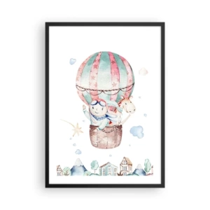 Plagát v čiernom ráme - Roztomilá ilustrácia plyšového medvedíka lietajúceho v balóne nad mestom - 50x70cm - Čoskoro sa vrátime! - Moderná nástenná dekorácia do obývacej izby a spálne ARTTOR