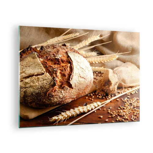 Obraz na skle - Chlieb na doske s pšeničnými klasmi a vreckami na obilie - 70x50cm - Chutný, voňavý, chrumkavý - Moderná nástenná dekorácia do obývacej izby a spálne ARTTOR