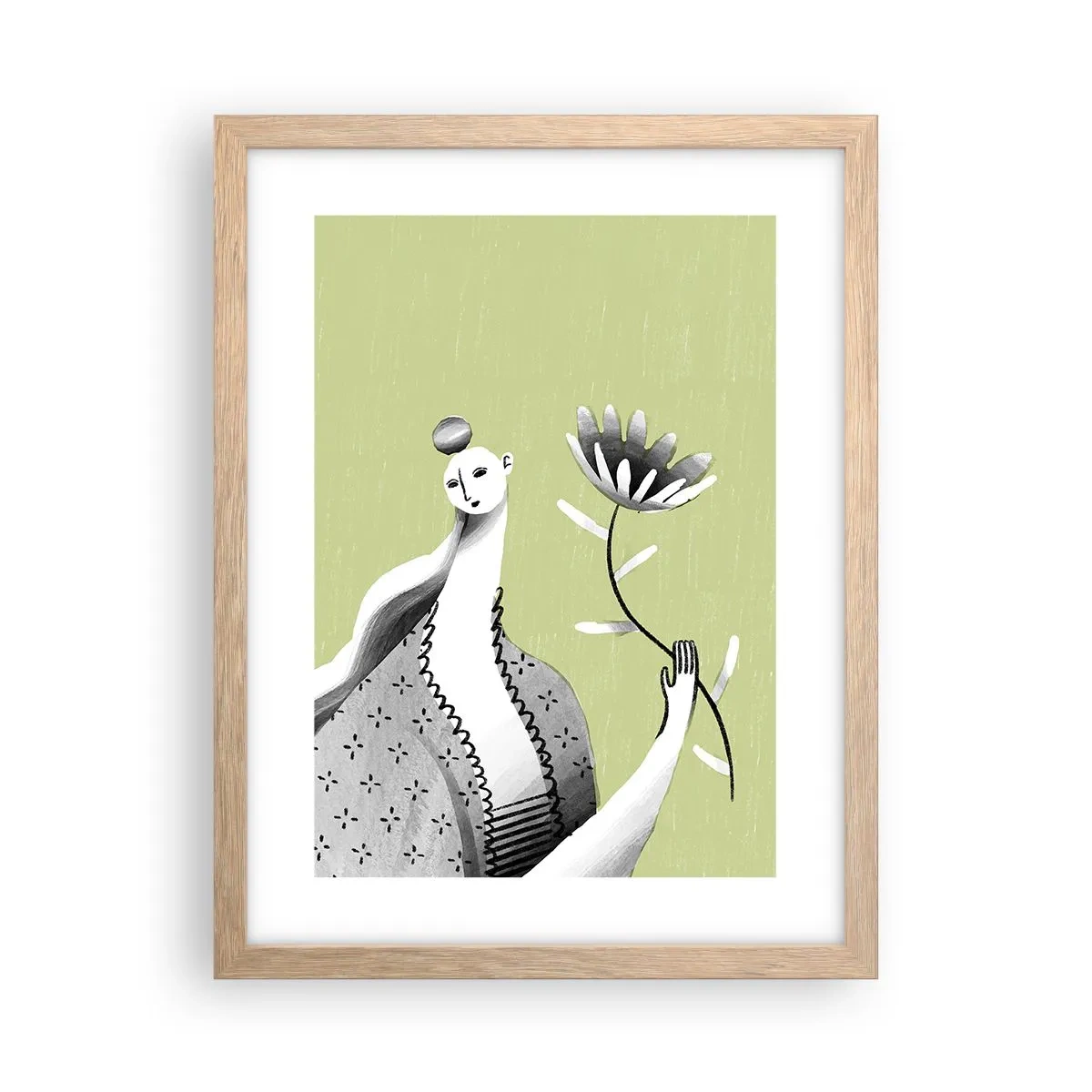 Plagát v ráme zo svetlého duba - Modernistický portrét – držiaci kvet - 30x40 cm