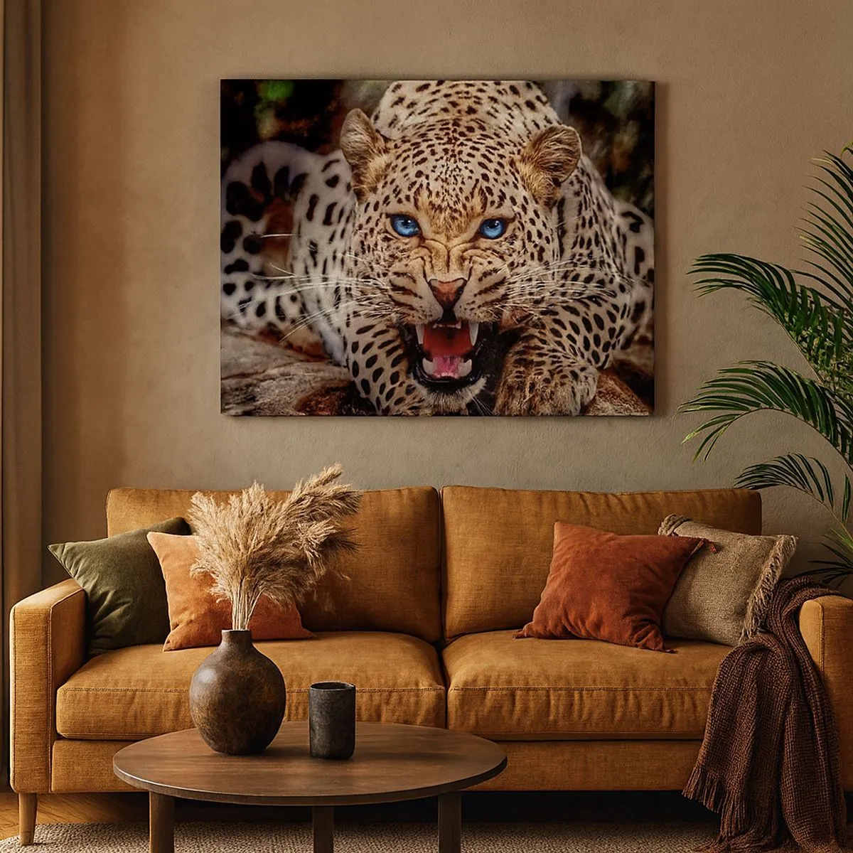 Obraz na plátne - Hrozivý leopard s intenzívne modrými očami - 70x50cm - Zlosť kráse neškodí - Moderná nástenná dekorácia do obývacej izby a spálne ARTTOR