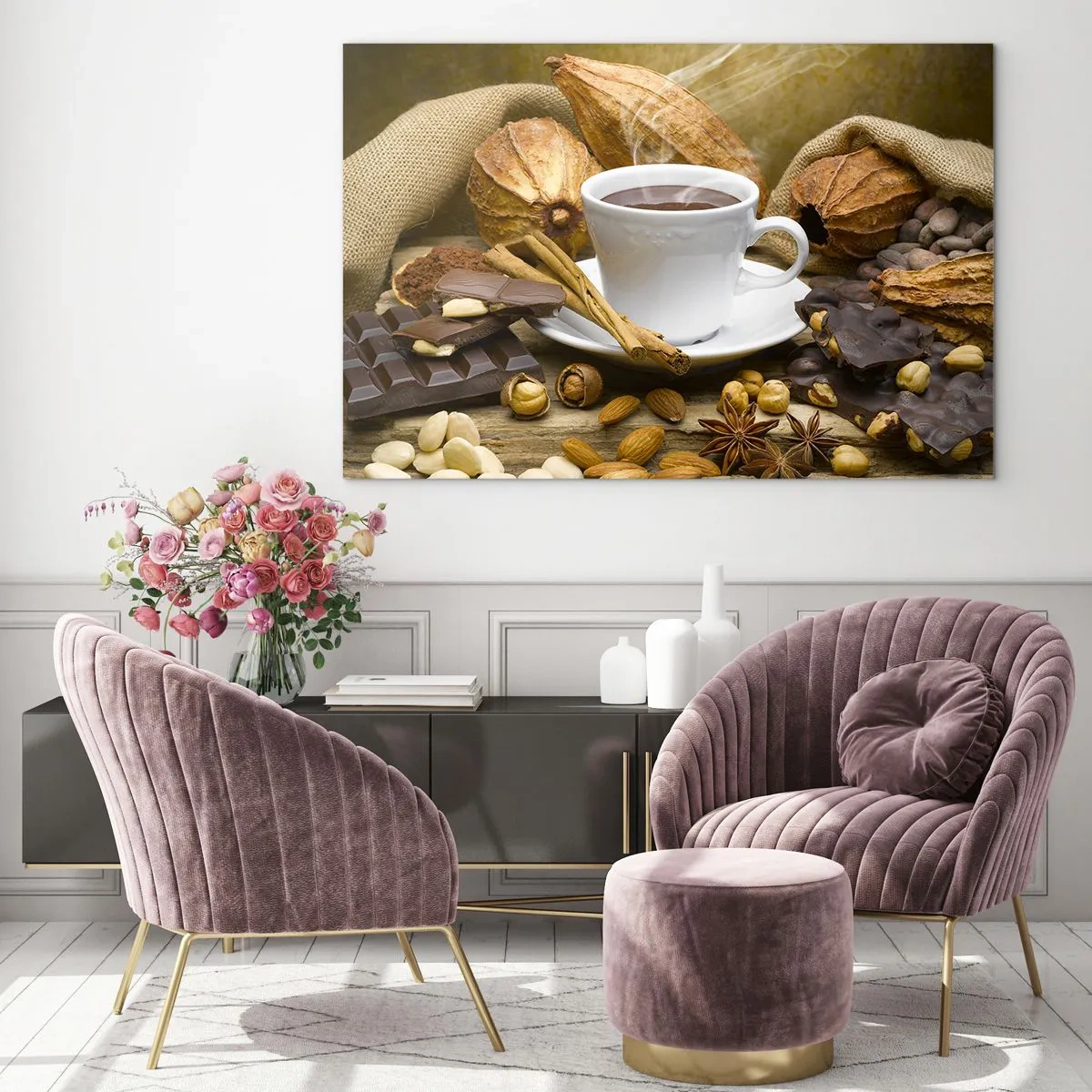 Obraz na skle - Šálka horúcej čokolády obklopená čokoládou a korením - 70x50cm - Pre hľadajúcich vzrušenie - Moderná nástenná dekorácia do obývacej izby a spálne ARTTOR