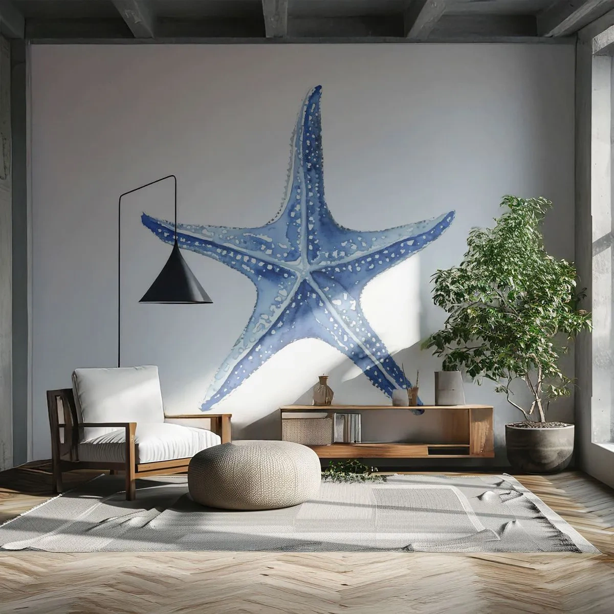 Fototapeta Standard Eco - Modrá hviezdica na bielom pozadí v akvarelovom štýle - 100x70cm - Hviezda mora - Moderná nástenná dekorácia do obývacej izby a spálne ARTTOR