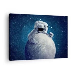 Obraz na plátne - Astronaut drží mesiac na hviezdnej oblohe - 70x50cm - Vesmírny vtipkár - Moderná nástenná dekorácia do obývacej izby a spálne ARTTOR