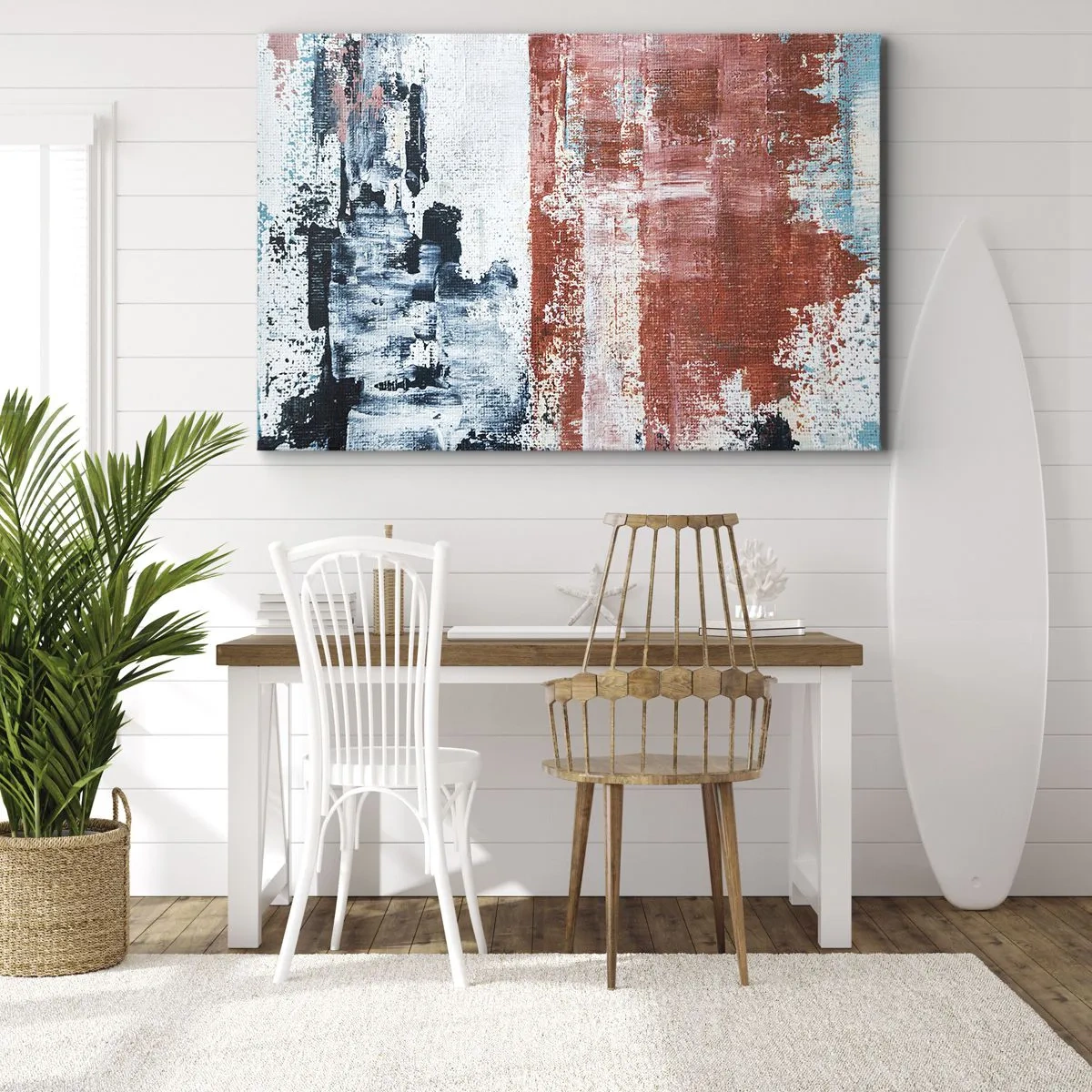 Obraz na plátne - Abstrakcia v bielych, modrých a tehlových farbách - 70x50cm - Abstraktné pol na pol - Moderná nástenná dekorácia do obývacej izby a spálne ARTTOR