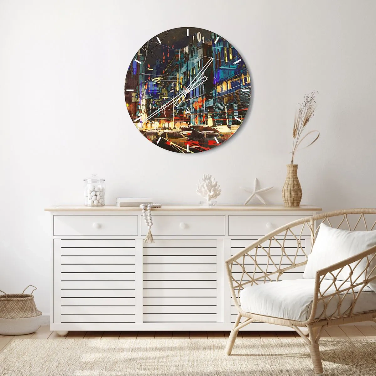 Nástenné hodiny - Farebný abstrakt zobrazujúci nočné mesto - 30x30cm - Večerný pouličný ruch - Moderná nástenná dekorácia do obývacej izby, kuchyne a spálne ARTTOR