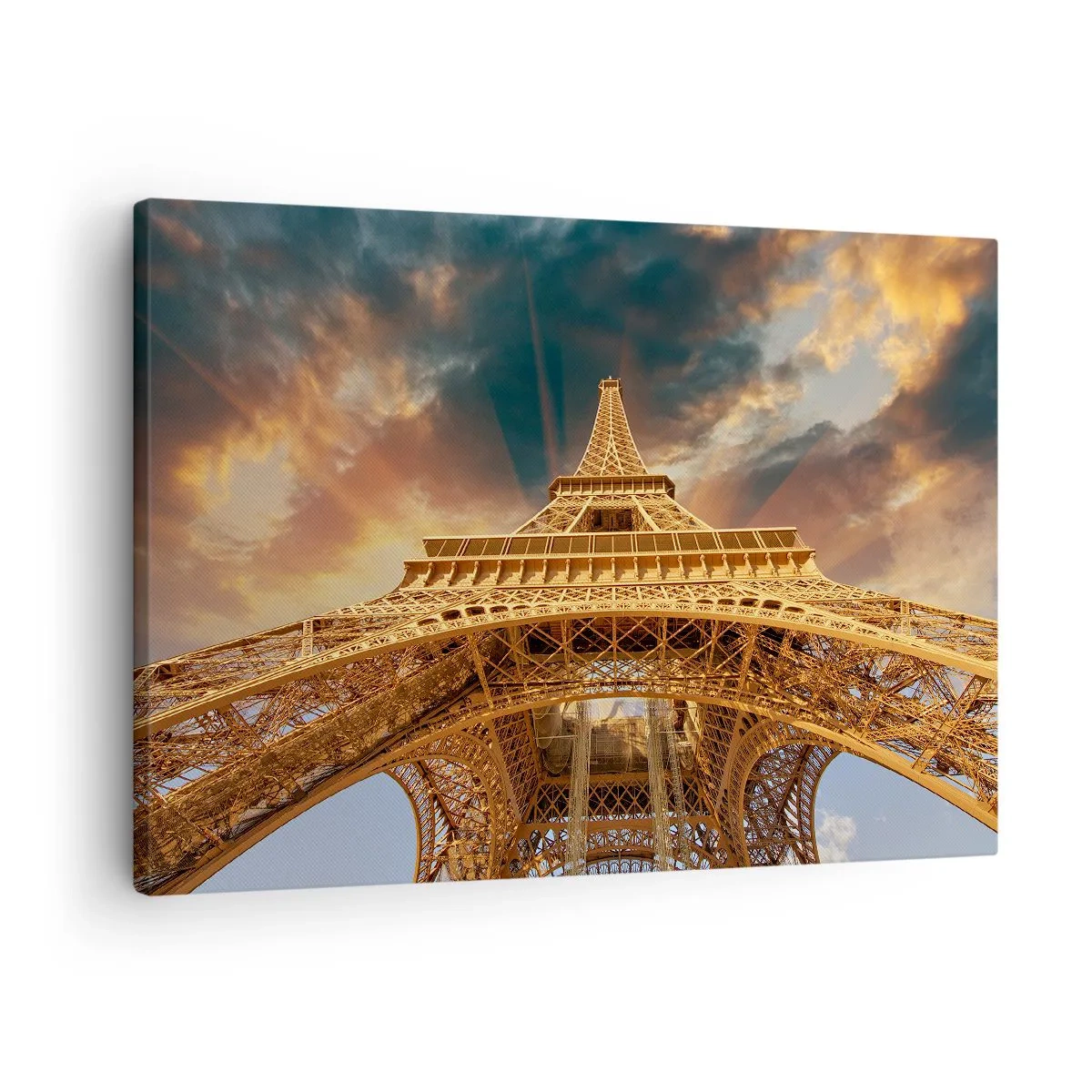 Obraz na plátne - Eiffelova veža zospodu na pozadí zapadajúceho slnka - 70x50cm - Ako ľudstvo dosiahlo nebo - Moderná nástenná dekorácia do obývacej izby a spálne ARTTOR