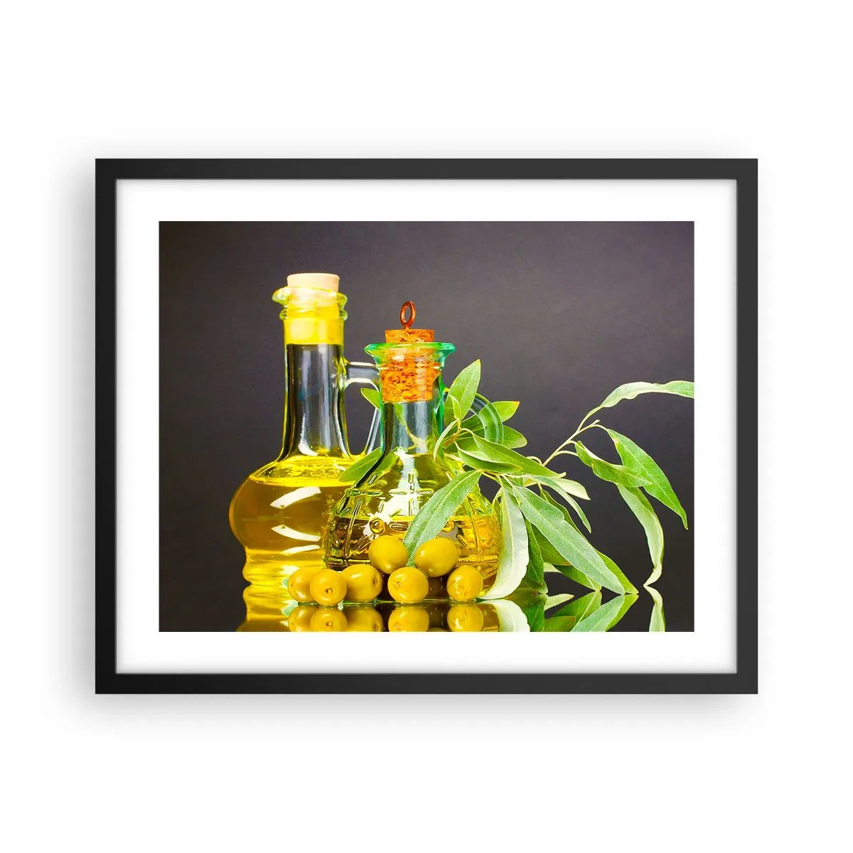 Plagát v čiernom ráme - Zátišie s olivami a olejom - 50x40 cm