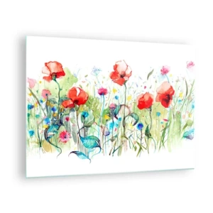 Obraz na skle - Farebné vlčie maky a divoké kvety v akvarelovom štýle - 70x50cm - Kvitnúca lúka v máji - Moderná nástenná dekorácia do obývacej izby a spálne ARTTOR