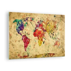 Obraz na skle - Farebná mapa sveta na textúrovanom, vintage pozadí - 70x50cm - Život je farebný ako papier mapy - Moderná nástenná dekorácia do obývacej izby a spálne ARTTOR
