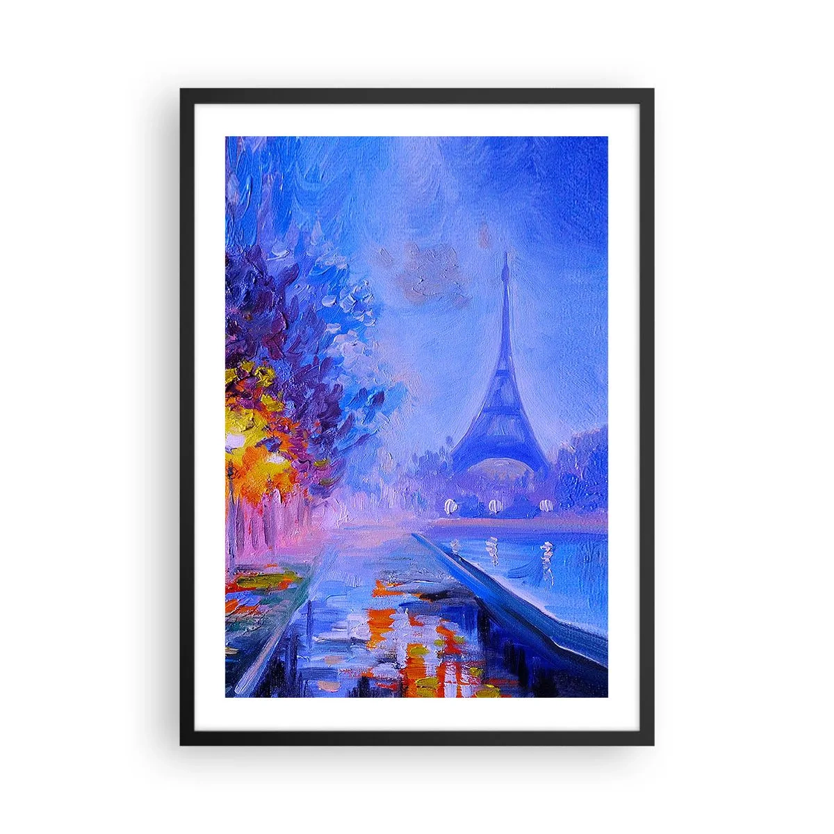 Plagát v čiernom ráme - Eiffelova veža v maliarskom nočnom zábere - 50x70cm - Prechádzka snov - Moderná nástenná dekorácia do obývacej izby a spálne ARTTOR