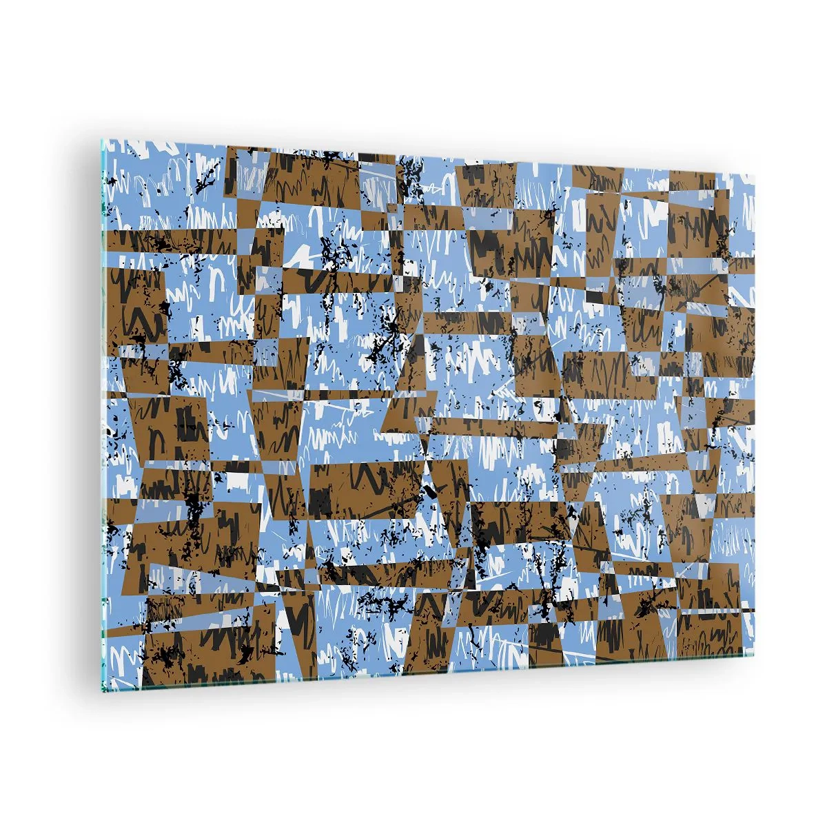 Obraz na skle - Geometrická abstrakcia s odtieňmi modrej a hnedej - 70x50cm - Neľudová vystrihovačka - Moderná nástenná dekorácia do obývacej izby a spálne ARTTOR