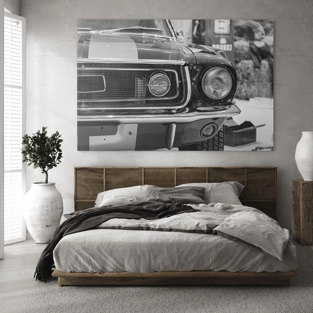 Obraz na skle - Detailný záber na prednú časť klasického pretekárskeho auta - 70x50cm - Divoká jazda - Moderná nástenná dekorácia do obývacej izby a spálne ARTTOR