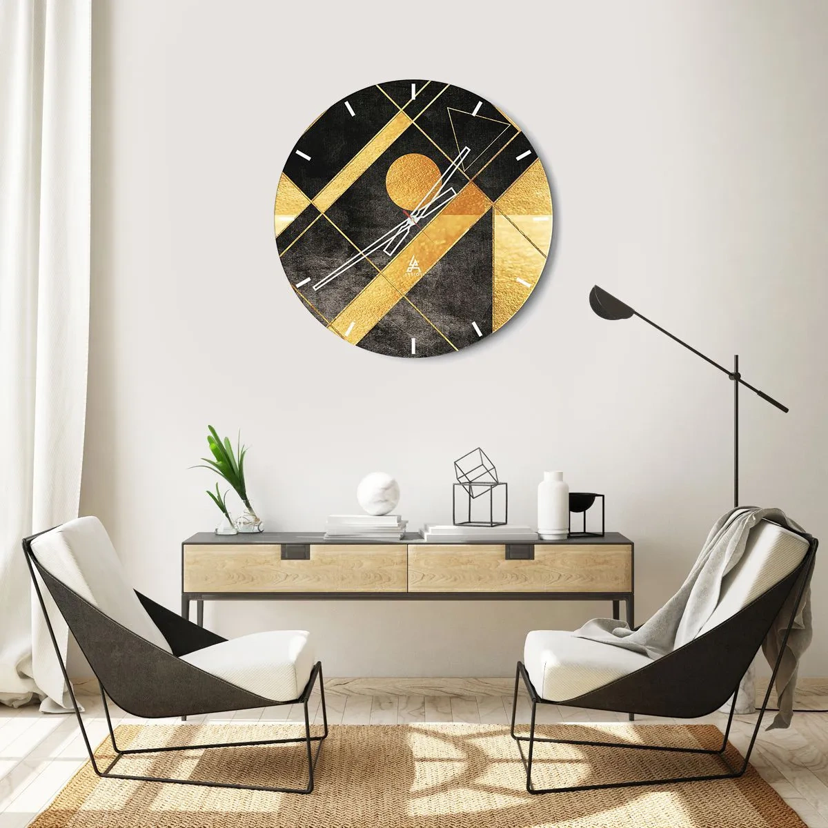 Nástenné hodiny - Zlaté geometrické tvary na čiernom pozadí s motívom slnka - 30x30cm - Slnko púšte - Moderná nástenná dekorácia do obývacej izby, kuchyne a spálne ARTTOR