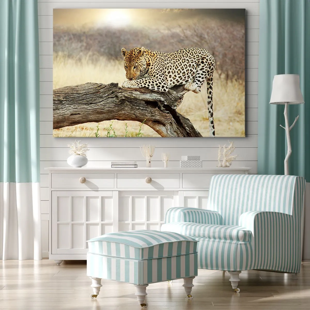 Obraz na plátne - Leopard odpočíva na kmeni stromu v savane - 70x50cm - Chodím vlastnými cestami - Moderná nástenná dekorácia do obývacej izby a spálne ARTTOR