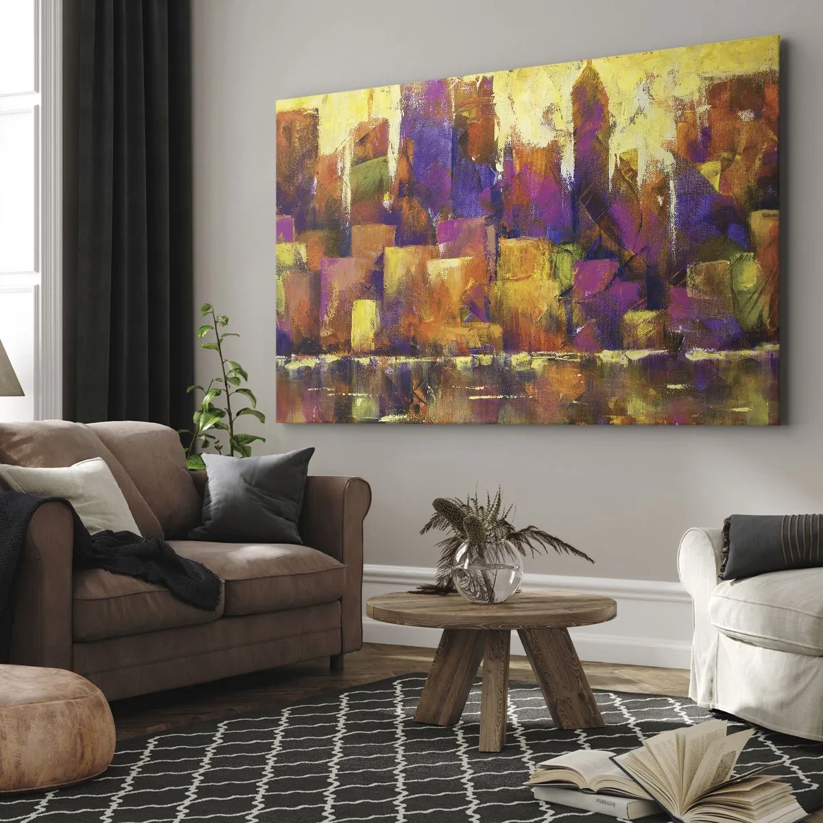 Obraz na plátne - Abstraktná kompozícia metropoly v odtieňoch žltej a fialovej - 70x50cm - Metropolitná kompozícia - Moderná nástenná dekorácia do obývacej izby a spálne ARTTOR