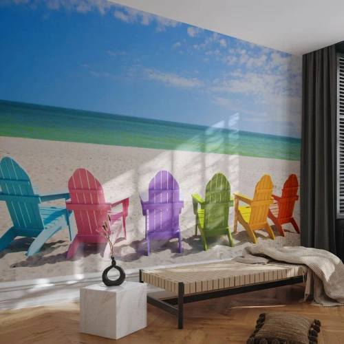 Fototapeta Premium Canvas - Dúhová pláž - Krajina, Pláž, Lehátka - 250x175 cm