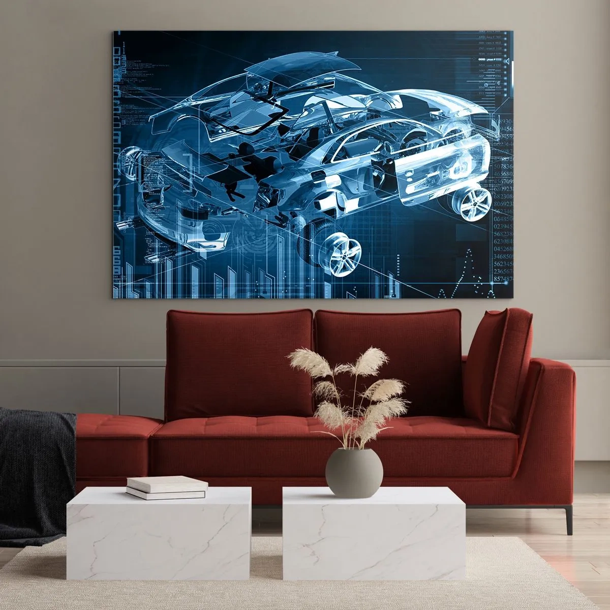 Obraz na skle - Technologická schéma futuristického auta - 70x50cm - Inžinierska anatómia - Moderná nástenná dekorácia do obývacej izby a spálne ARTTOR