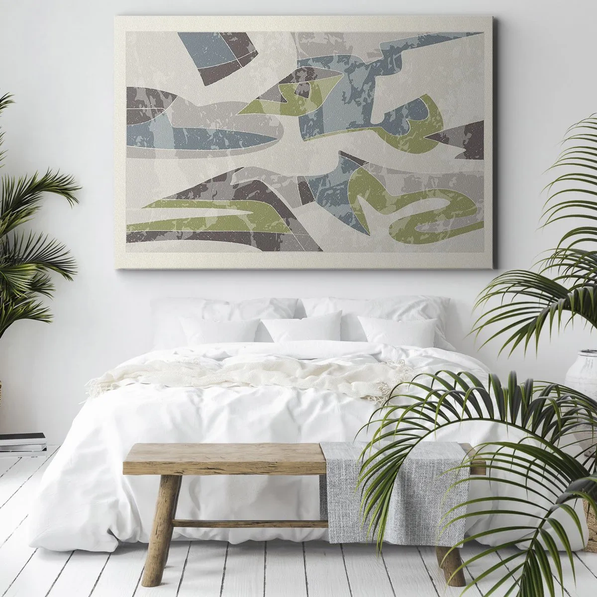 Obraz na plátne - Abstraktné tvary v zelenej a modrej farbe na svetlom pozadí - 70x50cm - Kompozícia za sklom - Moderná nástenná dekorácia do obývacej izby a spálne ARTTOR