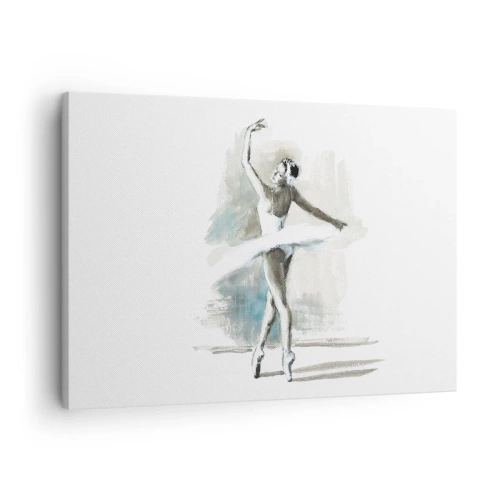 Obraz na plátne - Baletný tanečník v baletnej póze na pozadí jemných akvarelových tónov. - 70x50cm - Zakliata do labute - Moderná nástenná dekorácia do obývacej izby a spálne ARTTOR