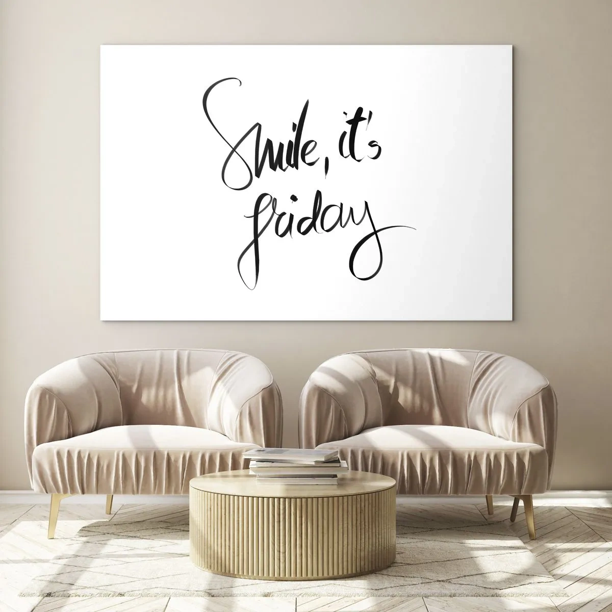 Obraz na skle - Kaligrafický citát „Úsmev je piatok“ - 70x50cm - Naozajstná radosť - Moderná nástenná dekorácia do obývacej izby a spálne ARTTOR