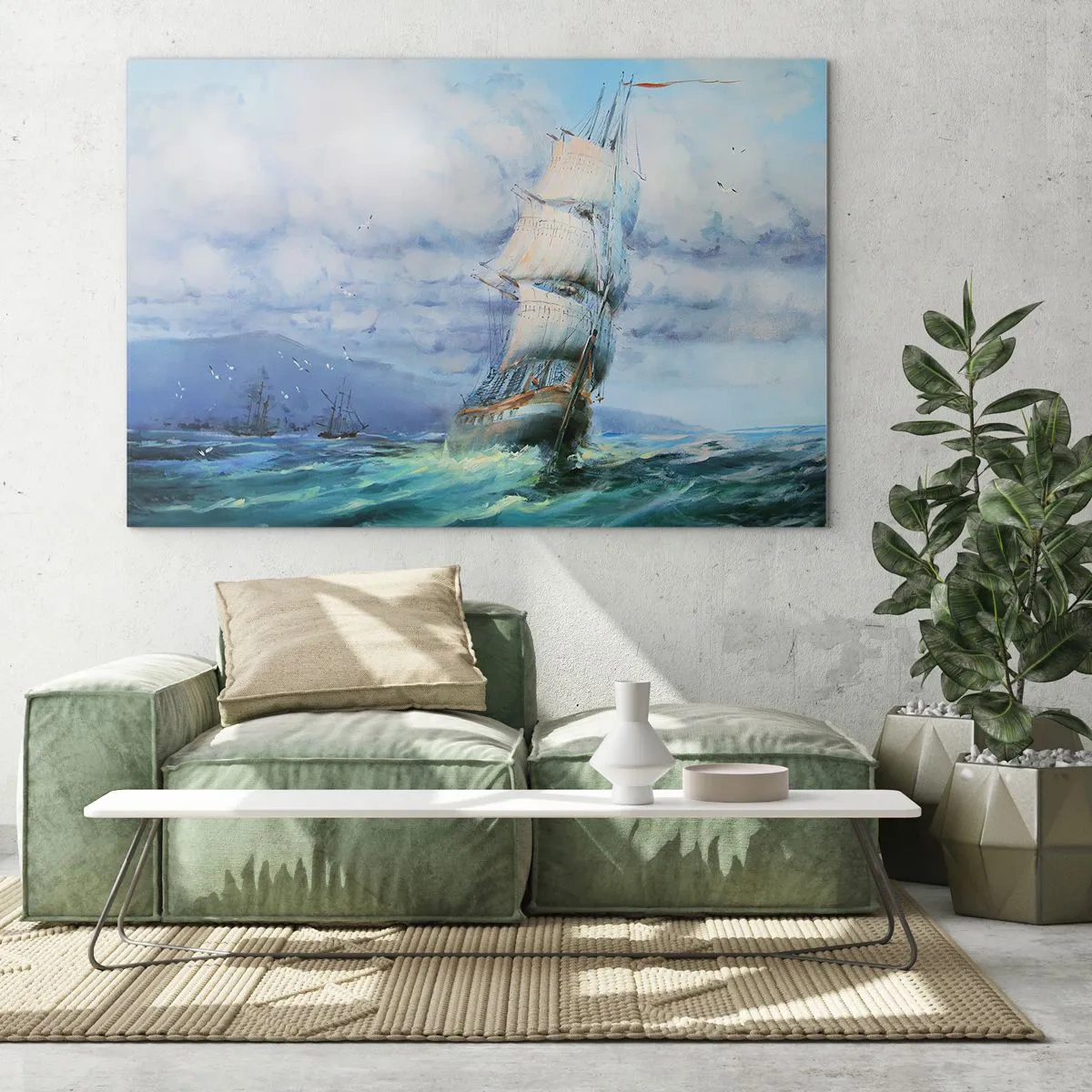 Obraz na skle - Loď s plachtami plávajúca po rozbúrenom mori pod zamračenou oblohou - 70x50cm - Šťastnú cestu - Moderná nástenná dekorácia do obývacej izby a spálne ARTTOR