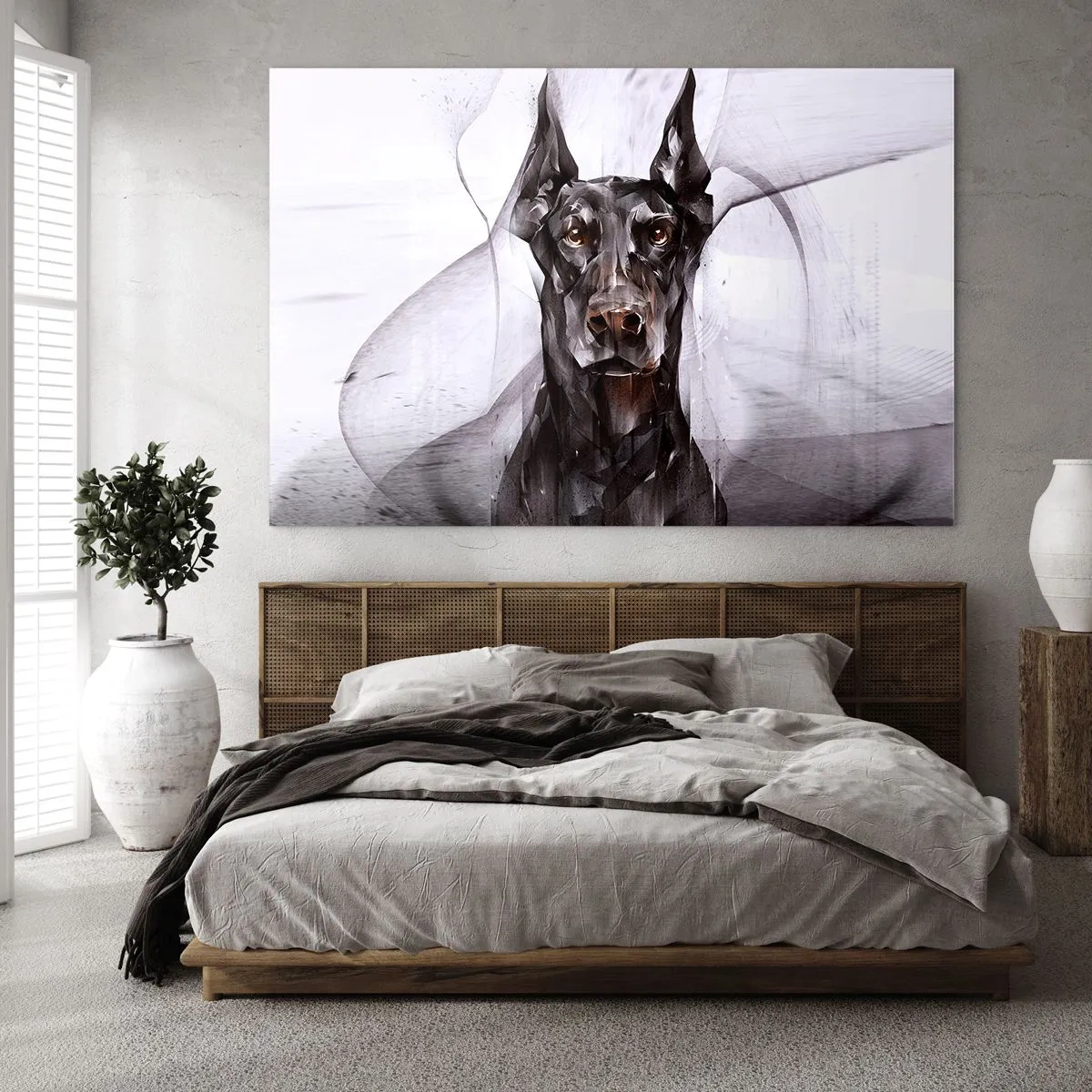 Obraz na skle - Portrét čierneho psa v abstraktnom štýle na svetlom pozadí - 70x50cm - Z urodzeného rodu - Moderná nástenná dekorácia do obývacej izby a spálne ARTTOR