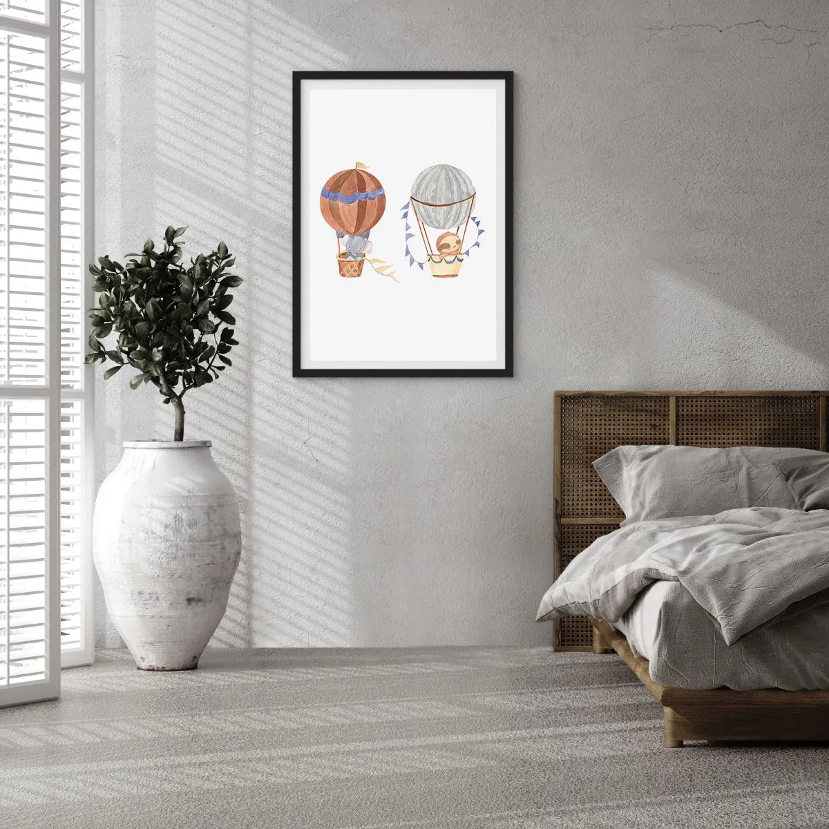Plagát v čiernom ráme - Roztomilé zvieratká v balónoch na bielom pozadí v akvarelovom štýle - 50x70cm - Priatelia na cestách - Moderná nástenná dekorácia do obývacej izby a spálne ARTTOR