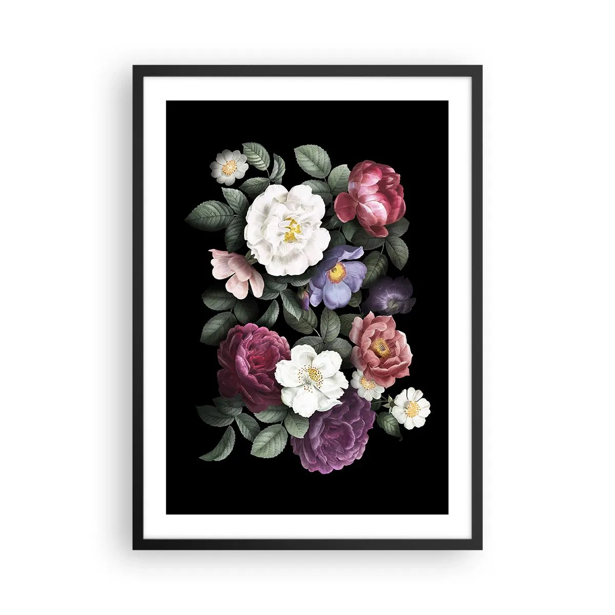 Plagát v čiernom ráme - Kytica kvetov na čiernom pozadí vo vintage štýle - 50x70cm - Z anglickej záhrady - Moderná nástenná dekorácia do obývacej izby a spálne ARTTOR