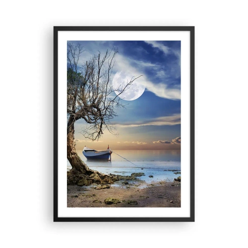 Plagát v čiernom ráme - Krajina s loďou, stromom a mesiacom na pozadí pokojnej vody - 50x70cm - Je to koniec alebo začiatok? - Moderná nástenná dekorácia do obývacej izby a spálne ARTTOR