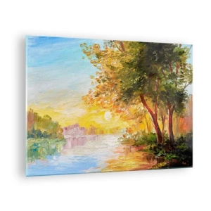 Obraz na skle - Jazero so stromami pri západe slnka - 70x50cm - Et in Arcadia ego - Moderná nástenná dekorácia do obývacej izby a spálne ARTTOR
