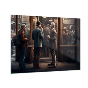 Obraz na skle - Muži sa rozprávajú pred kaviarňou v retro mestskom prostredí - 70x50cm - Dobrá chvíľa dňa - Moderná nástenná dekorácia do obývacej izby a spálne ARTTOR