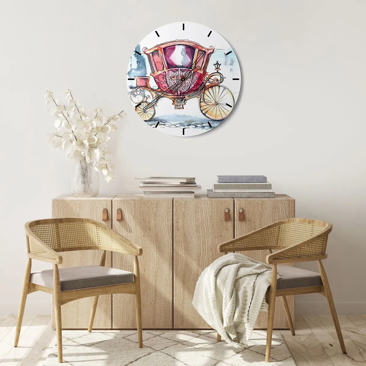 Nástenné hodiny - Farebný kočiar v akvarelovom štýle - 30x30cm - Na svadbu alebo na ples? - Moderná nástenná dekorácia do obývacej izby, kuchyne a spálne ARTTOR