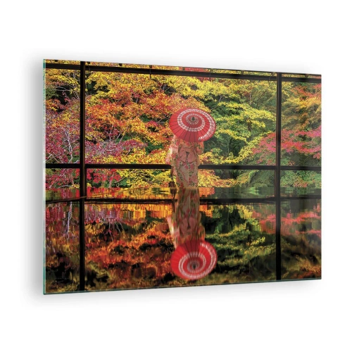Obraz na skle - Žena v kimone s dáždnikom na pozadí jesennej krajiny, ktorá sa odráža vo vode. - 70x50cm - V chráme prírody - Moderná nástenná dekorácia do obývacej izby a spálne ARTTOR