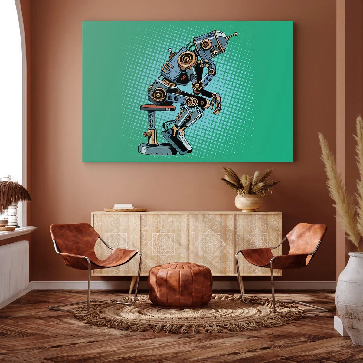 Obraz na plátne - Robot mysliteľ v štýle pop art na zelenom pozadí - 70x50cm - Nad podstatou bytia - Moderná nástenná dekorácia do obývacej izby a spálne ARTTOR