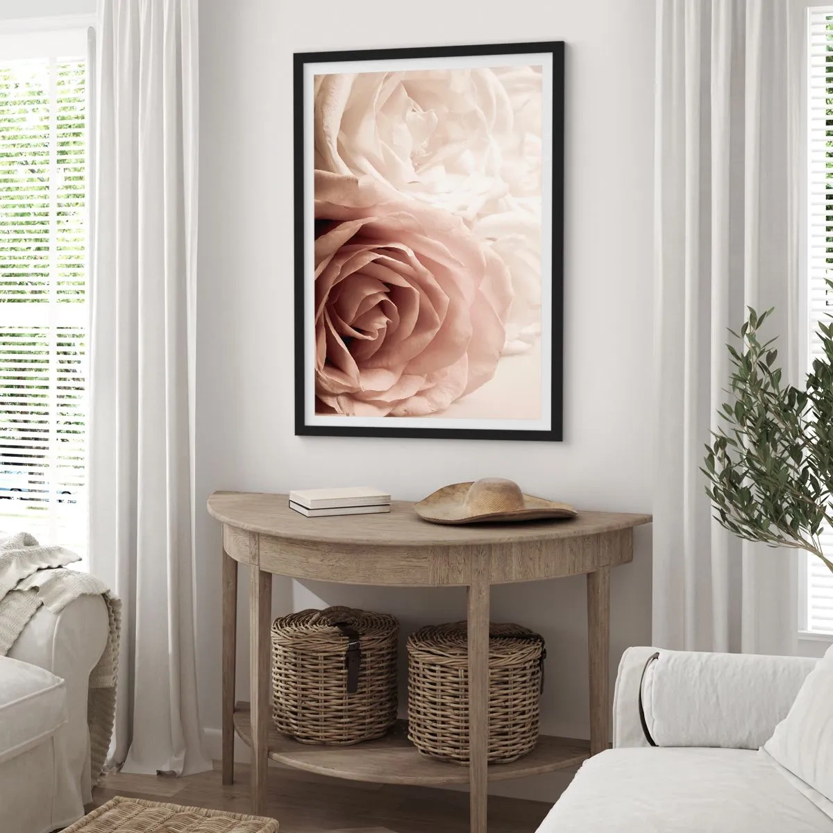 Plagát v čiernom ráme - Jemné krémové ruže detailný záber - 50x70cm - V srdci ruže - Moderná nástenná dekorácia do obývacej izby a spálne ARTTOR