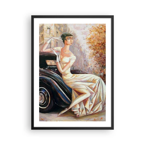 Plagát v čiernom ráme - Elegantná žena vedľa retro auta v maliarskom štýle - 50x70cm - Elegancia v retro štýle - Moderná nástenná dekorácia do obývacej izby a spálne ARTTOR