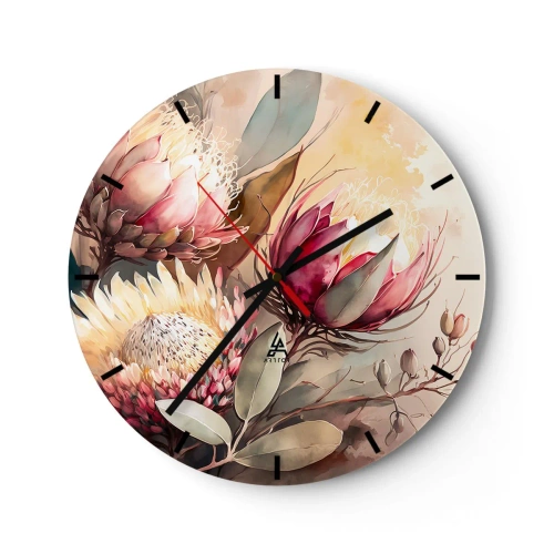 Nástenné hodiny - Umelecké kvety protey na svetlom pozadí - 30x30cm - Z profilu a en face - Moderná nástenná dekorácia do obývacej izby, kuchyne a spálne ARTTOR