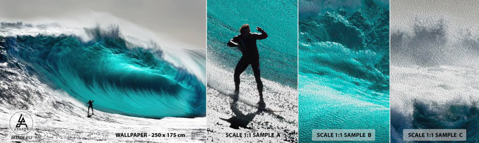 Vzorka fototapety Premium Sand - Výzva prijatá - Surfovanie, Vysoká vlna, Surfer - 100x30 cm