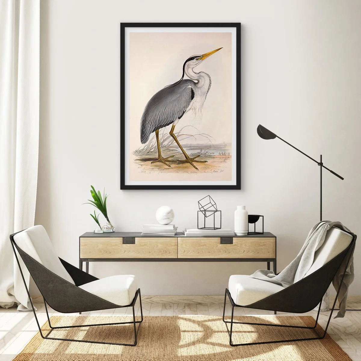 Plagát v čiernom ráme - Volavka Milosť - 50x70cm - Pôvab volavky - Moderná nástenná dekorácia do obývacej izby a spálne ARTTOR