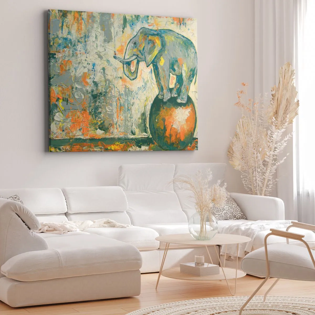 Obraz na plátne - Slon balansujúci na lopte v umeleckom štýle - 70x50cm - Nech žije cirkus! - Moderná nástenná dekorácia do obývacej izby a spálne ARTTOR