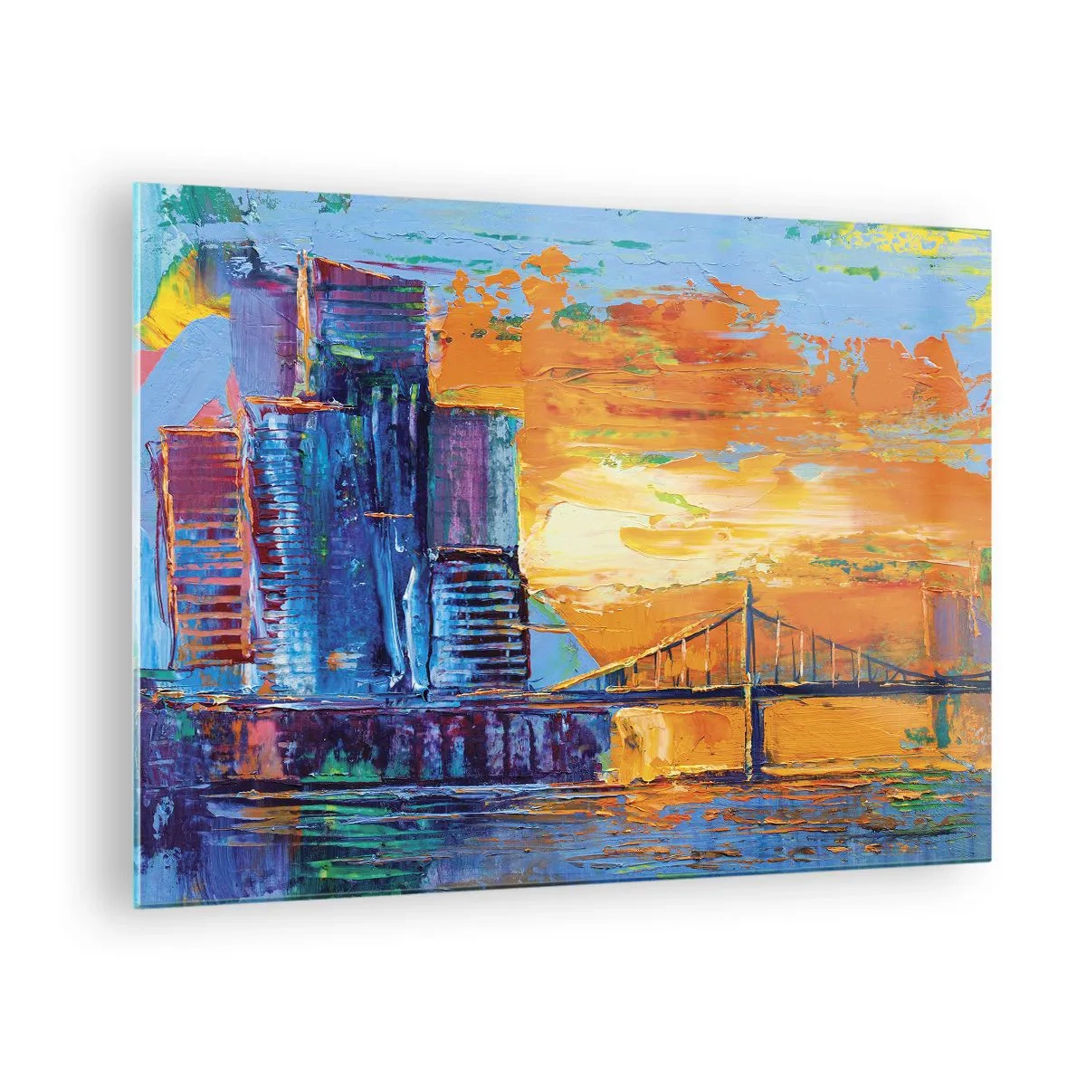 Obraz na skle - Farebné mesto a most v žiari zapadajúceho slnka - 70x50cm - Kultúra a príroda - Moderná nástenná dekorácia do obývacej izby a spálne ARTTOR