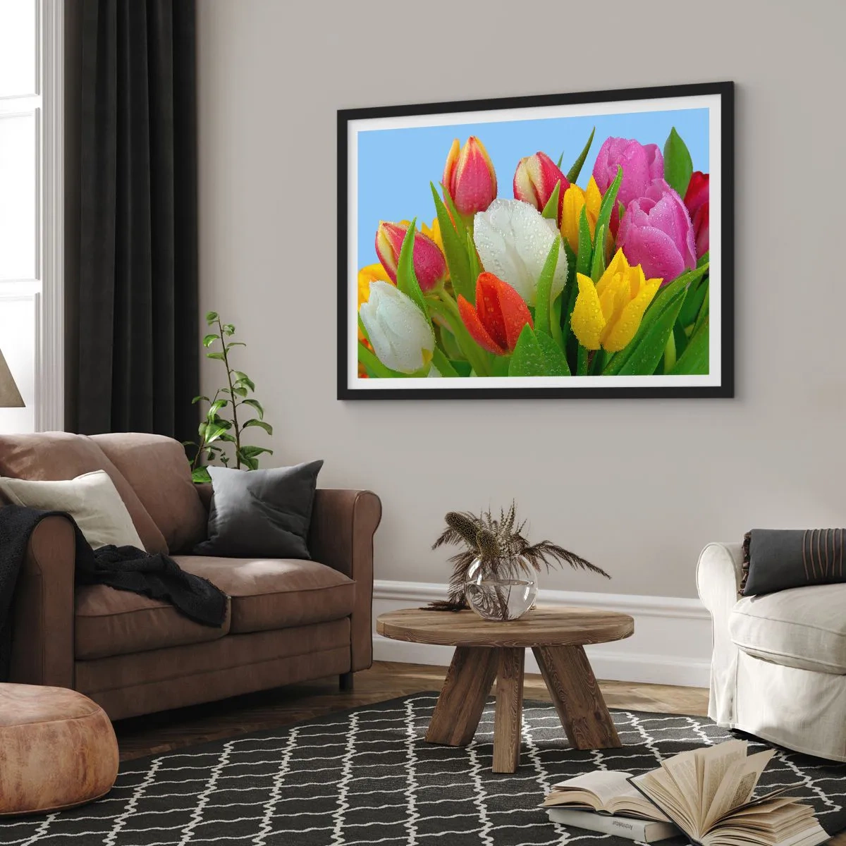 Plagát v čiernom ráme - Kvetinová dúha v kvapkách rosy - 70x50 cm