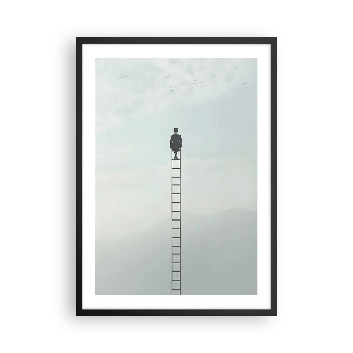Plagát v čiernom ráme - Muž na rebríku pozerá na oblohu - 50x70cm - Povzniesť sa nad to - Moderná nástenná dekorácia do obývacej izby a spálne ARTTOR