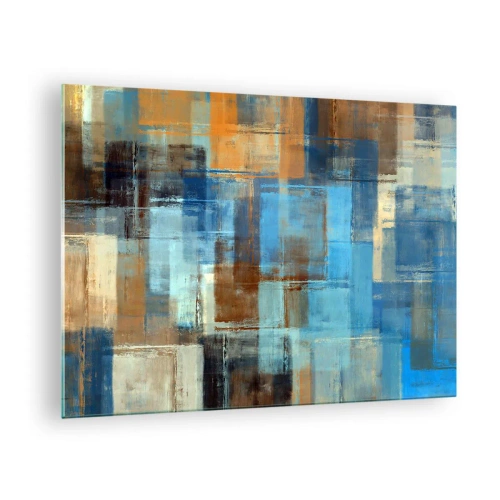 Obraz na skle - Abstraktná geometrická kompozícia v odtieňoch modrej a hnedej - 70x50cm - Cez modrý závoj - Moderná nástenná dekorácia do obývacej izby a spálne ARTTOR