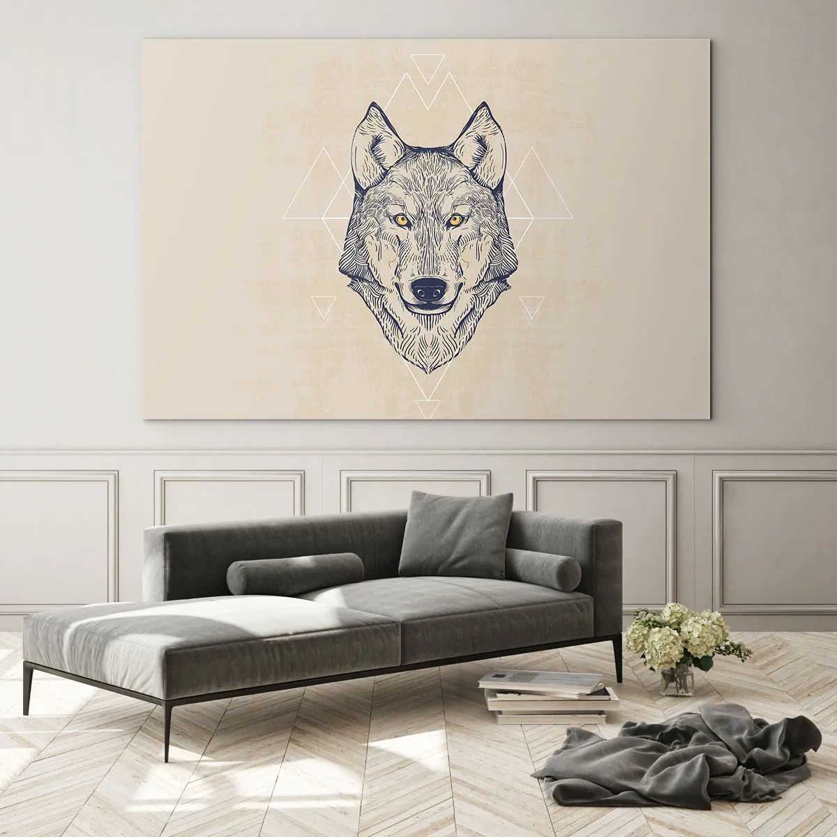 Obraz na skle - Vlčia hlava na pozadí geometrických vzorov - 70x50cm - Alfa o prenikavom pohľade - Moderná nástenná dekorácia do obývacej izby a spálne ARTTOR