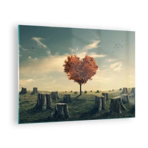 Obraz na skle - Strom v tvare srdca obklopený zrezanými kmeňmi na čistinke - 70x50cm - Stále je ešte nádej - Moderná nástenná dekorácia do obývacej izby a spálne ARTTOR